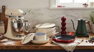 Composite of products from Le Creuset, Fable, Addison Ross, Williams Sonoma, Fellow, Caraway, Staub, edited by Google Gemini
