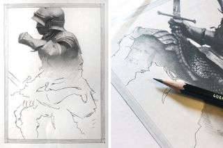 A pencil drawing of the knight takes shape, with the top shaded while the bottom is still white