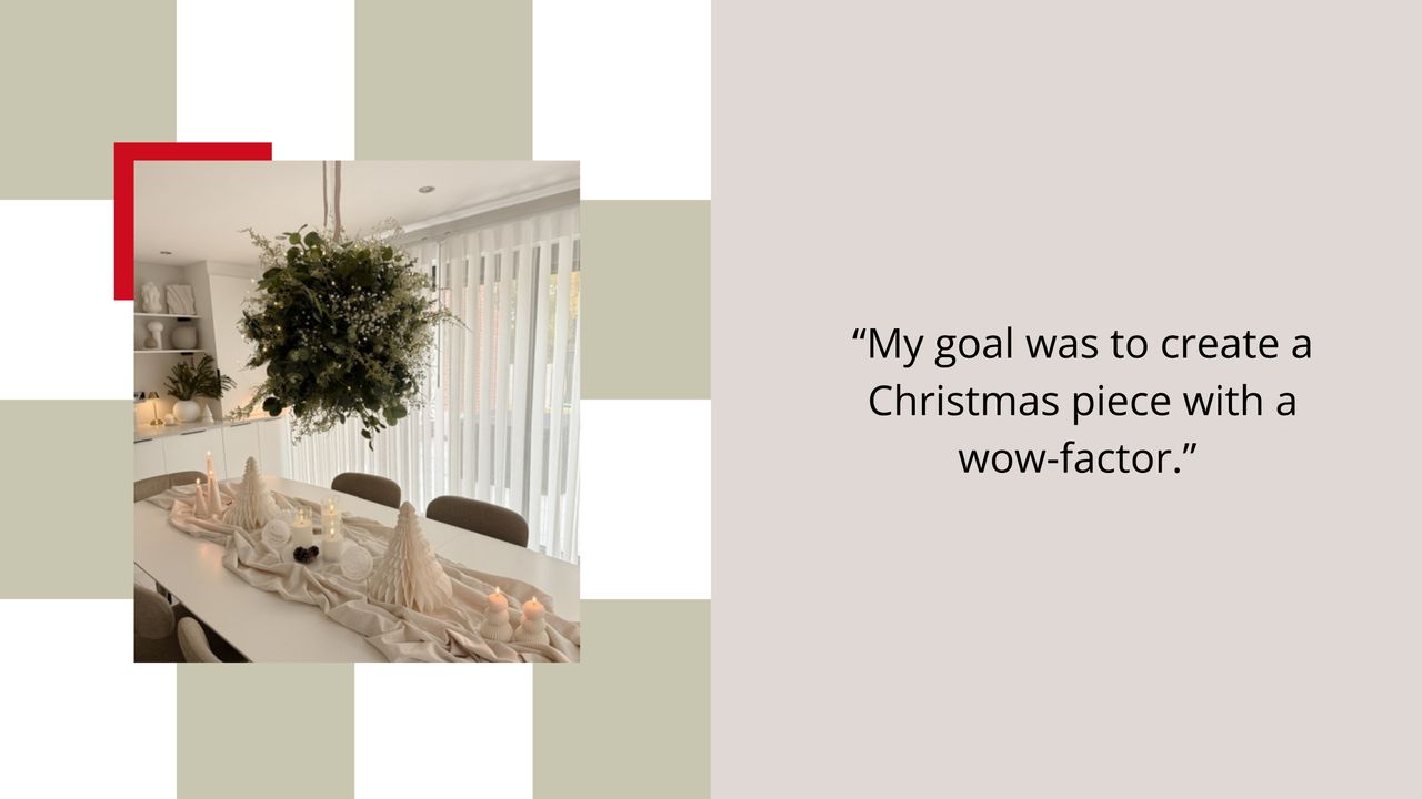 Split image of a green and white checkered background with an image of a hanging floral centerpiece over a white Christmas table. The other side is a gray background with a quote displayed on it.