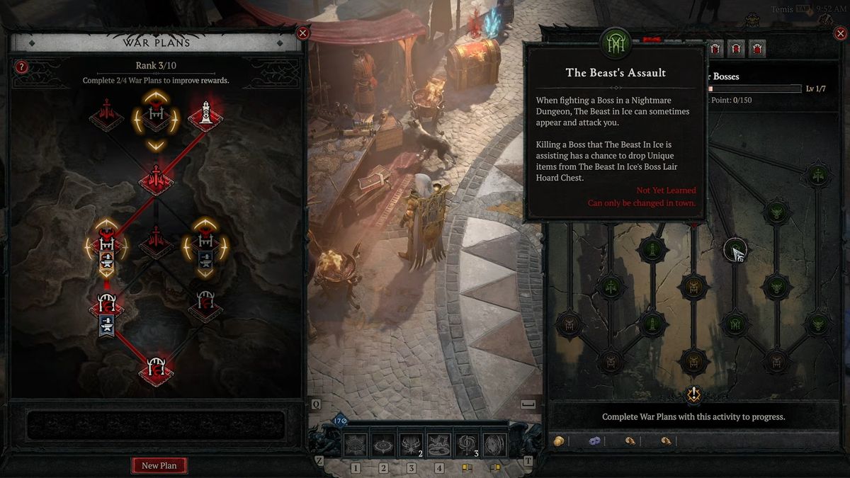 A video game interface shows a skill tree and quest description. On the left, the "War Plans" skill tree features red and gold icons. On the right, "The Beast's Assault" quest text appears.
