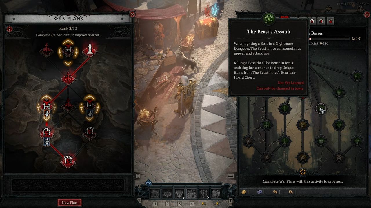 A video game interface shows a skill tree and quest description. On the left, the "War Plans" skill tree features red and gold icons. On the right, "The Beast's Assault" quest text appears.
