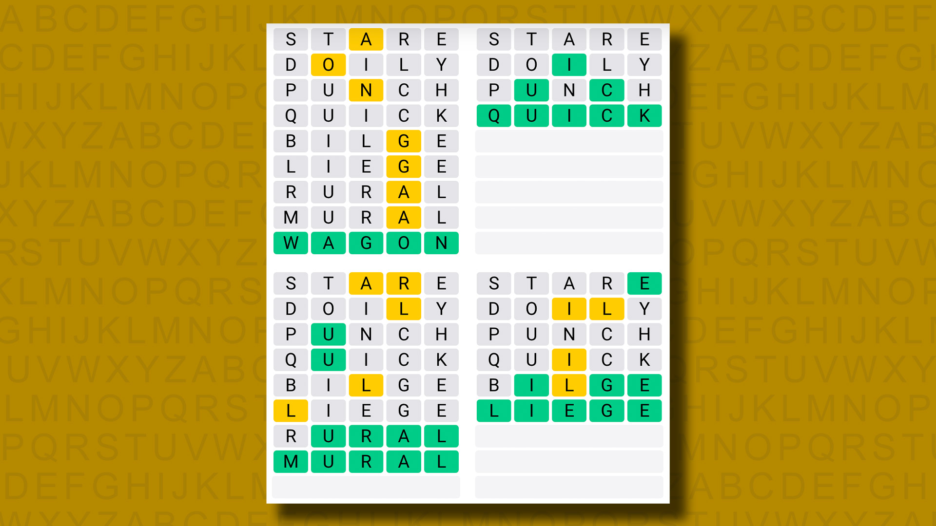 Respuestas de Quordle para el juego 831 sobre un fondo amarillo