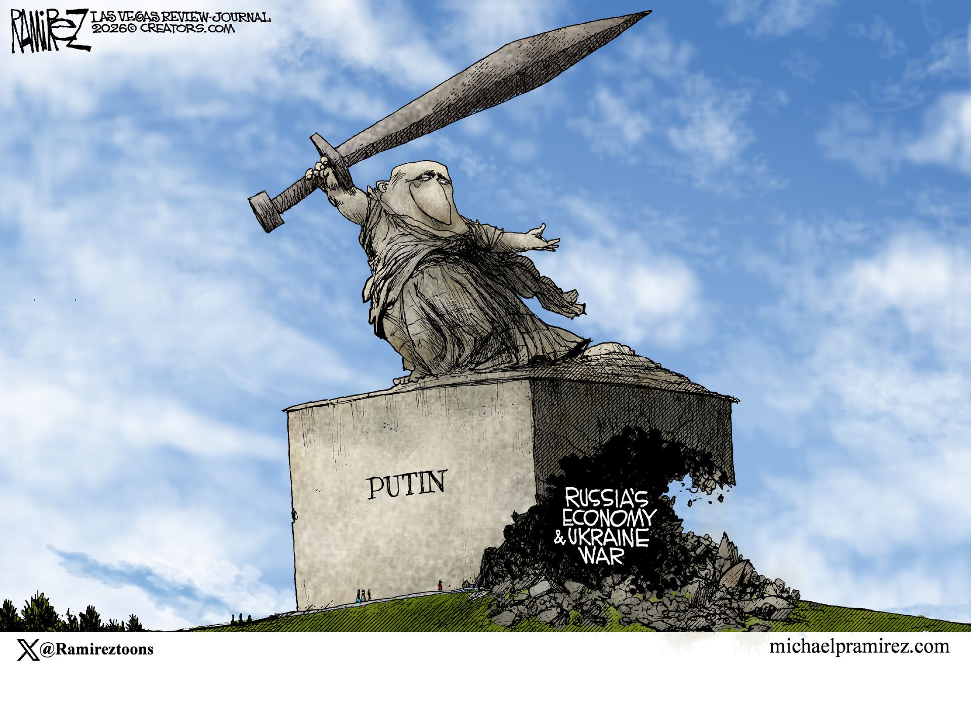 
                                This image depicts a statue of a sword-wielding Vladimir Putin that is crumbling at its base. The words near the crumbling rocks read “Russia’s Economy &amp; Ukraine War.”
                            