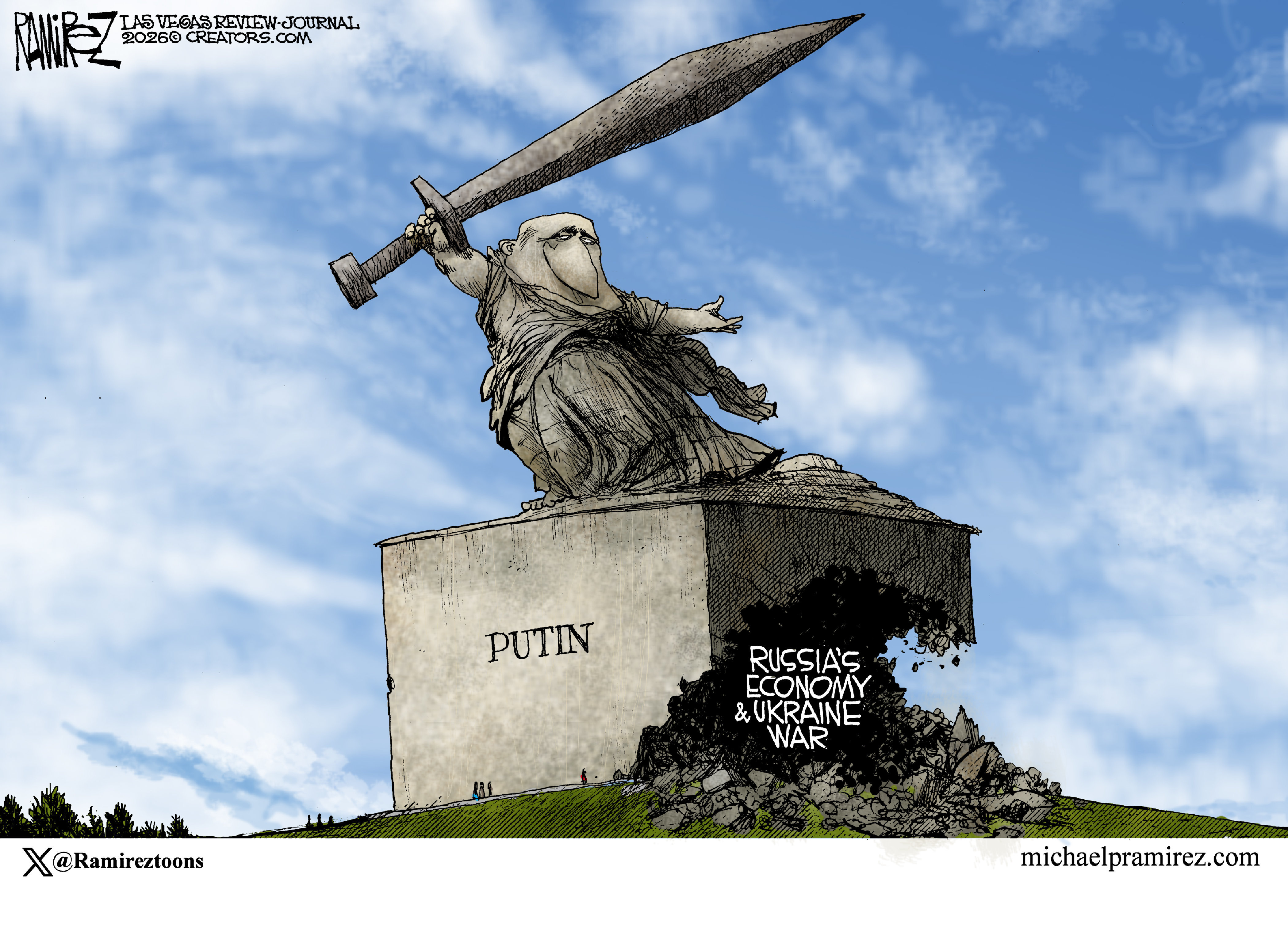 This image depicts a statue of a sword-wielding Vladimir Putin that is crumbling at its base. The words near the crumbling rocks read &amp;ldquo;Russia&amp;rsquo;s Economy &amp;amp; Ukraine War.&amp;rdquo;