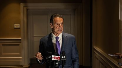 Former New York Governor Andrew Cuomo addresses the media following a speech at an event for the International Brotherhood of Electrical Workers on June 22, 2025 in New York City