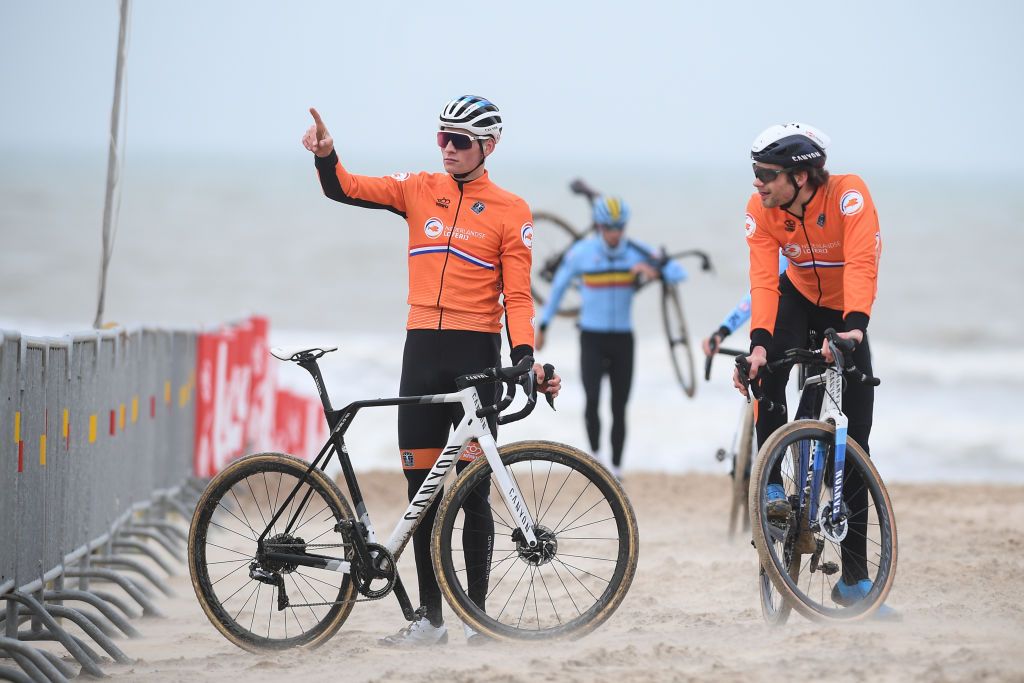 Dutch Mathieu Van Der Poel and Dutch David Van Der Poel pictured in action during a track reconnaissance and training session ahead of the world championships cyclocross cycling in Oostende Belgium Thursday 28 January 2021 The worlds are taking place this weekend BELGA PHOTO DAVID STOCKMAN Photo by DAVID STOCKMANBELGA MAGAFP via Getty Images