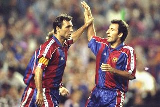 Hristo Stoichkov and Txiki Begiristain celebrate a goal for Barcelona in 1994.