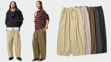 Cotton Volume Easy Trousers on two models and cut out 