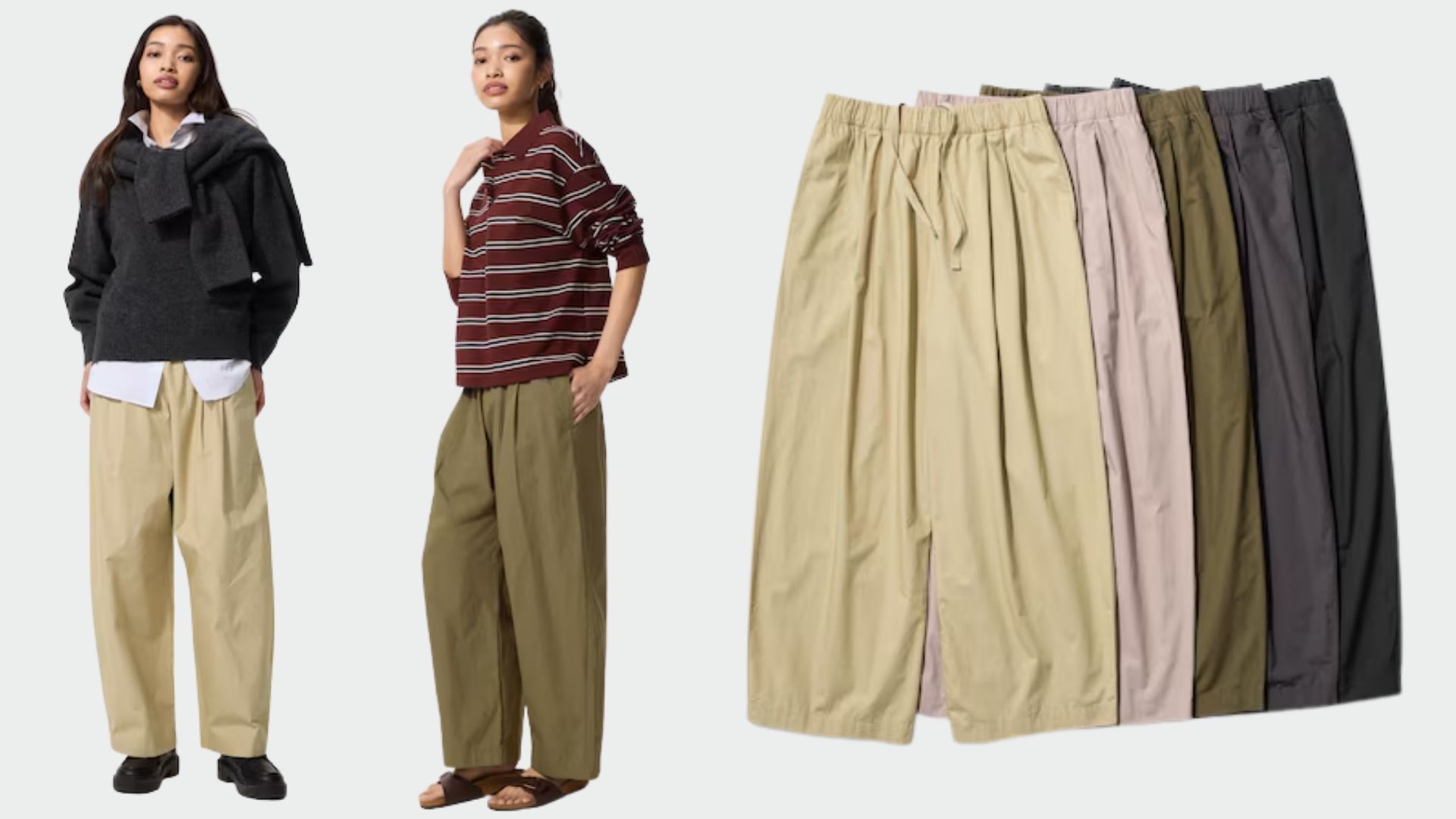 Cotton Volume Easy Trousers on two models and cut out 