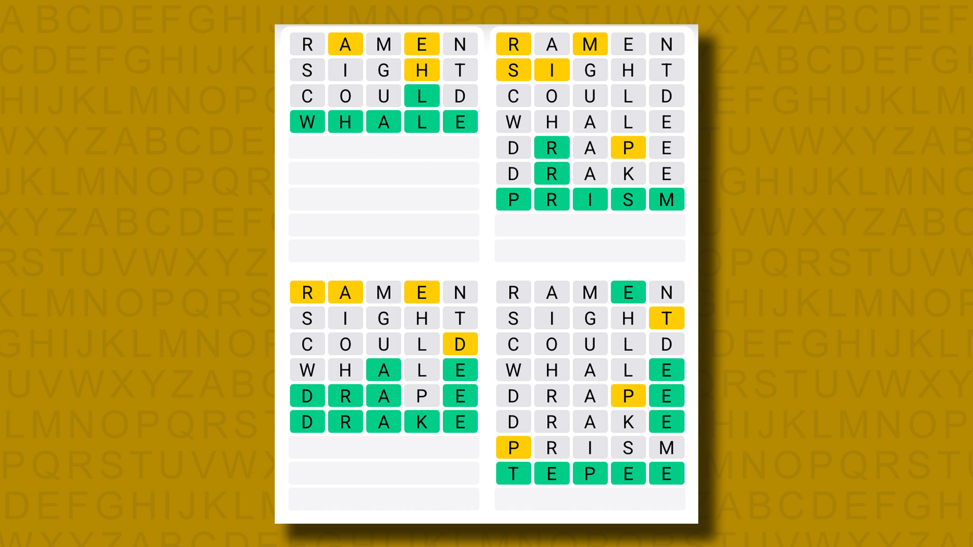 Quordle answers for game 1299 on a yellow background