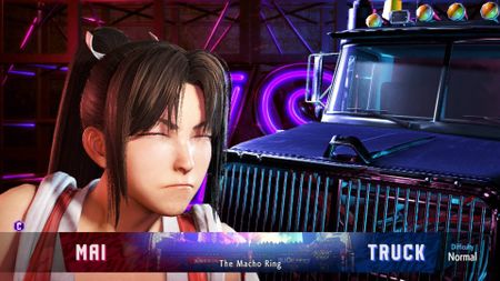 Street Fighter 6 screenshot on Switch 2 showing Mai going up against a truck on normal difficulty