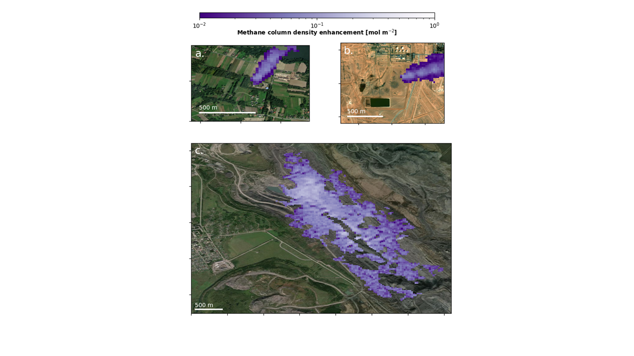 Three different images showing colored methane emissions in purple from coal, oil, and gas production