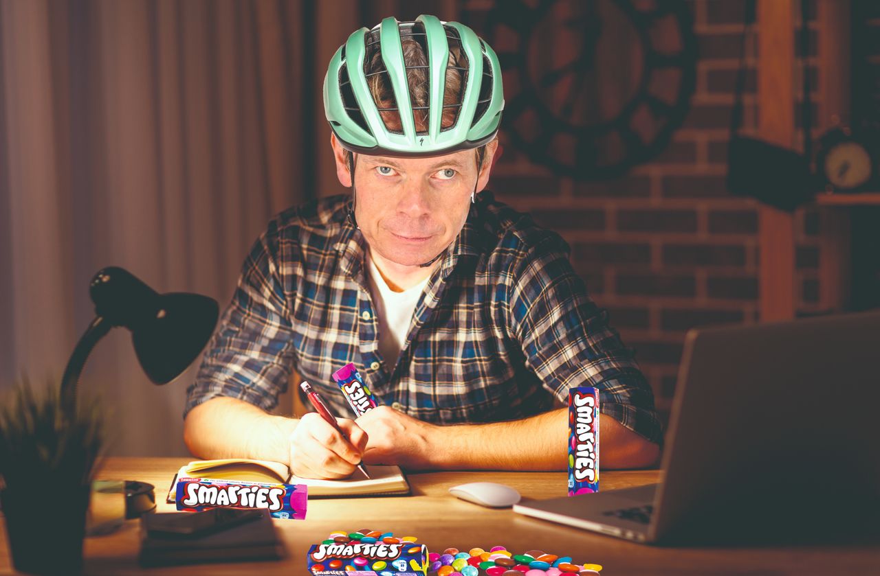 Image of Hutch writing surrounded by smarties packets