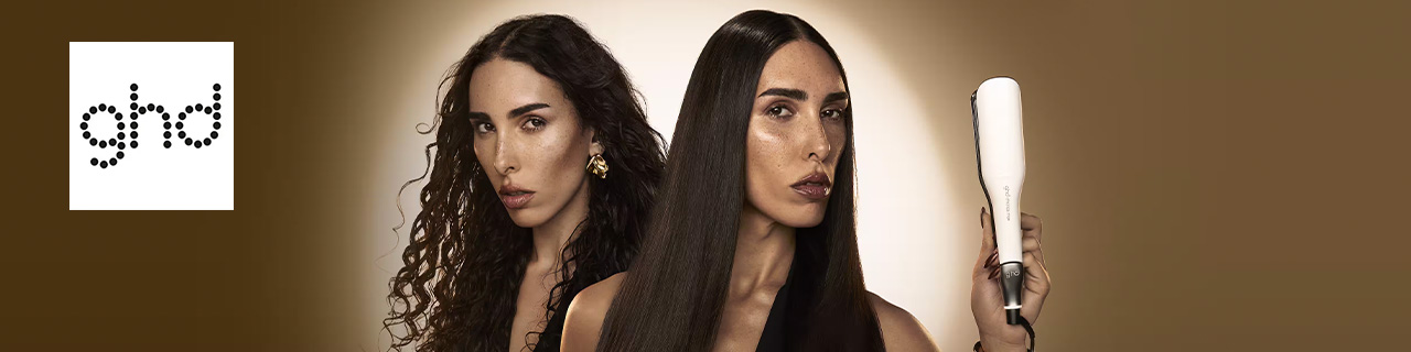 GHD logo placed over a wide image of a model holding a straighteners with before and after shots