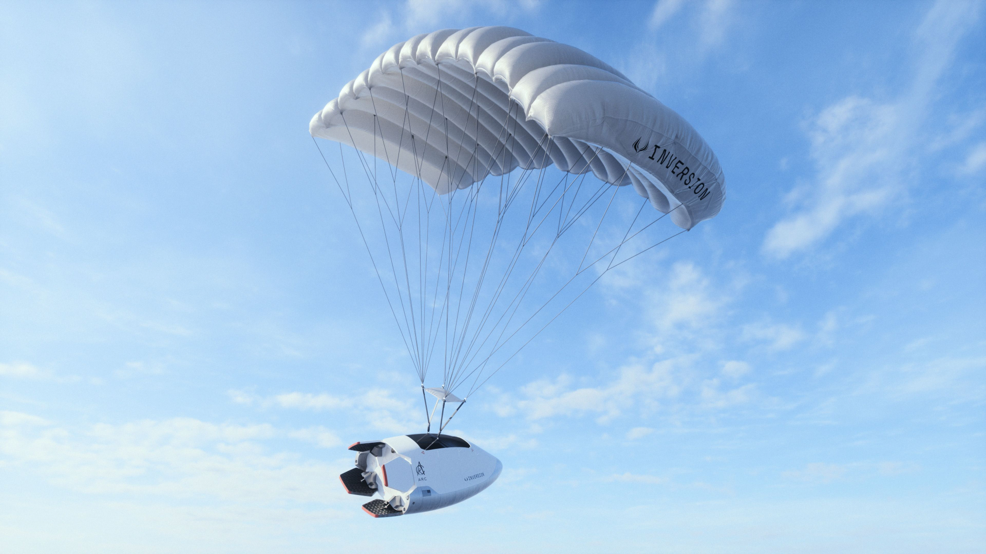 A small white capsule floats in the sky via a large white parachute