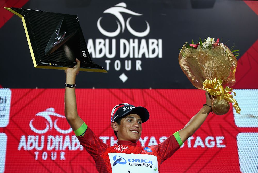 Esteban Chaves celebrates his overall win at the 2015 Abu Dhabi Tour
