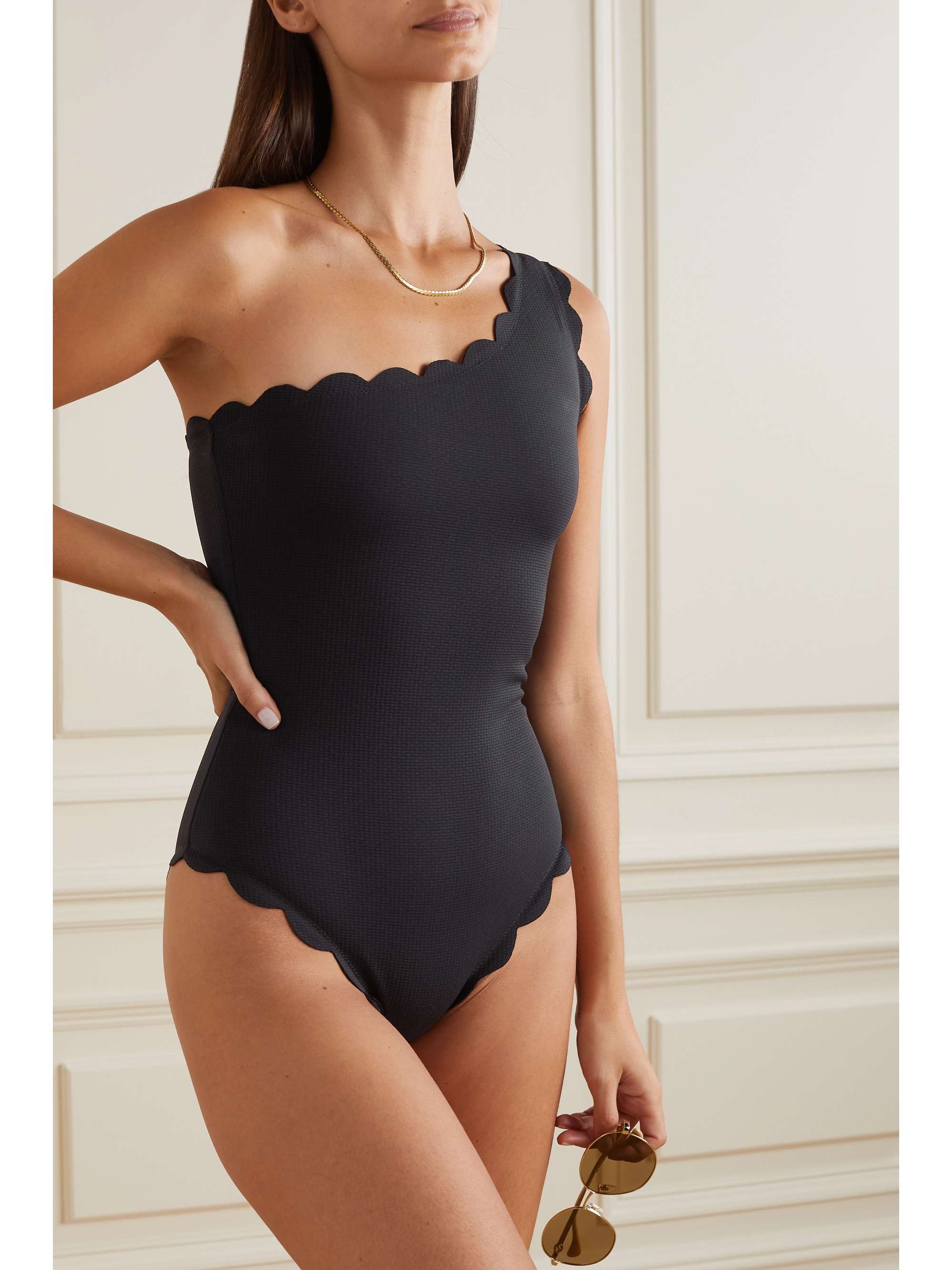Santa Barbara One-Shoulder Scalloped Recycled-Seersucker Swimsuit