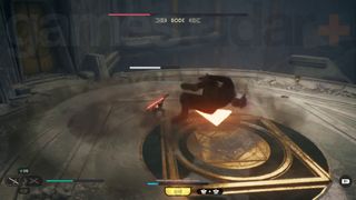 Star Wars Jedi Survivor Tanalorr Cal jumping over one of Bode's shockwave attacks