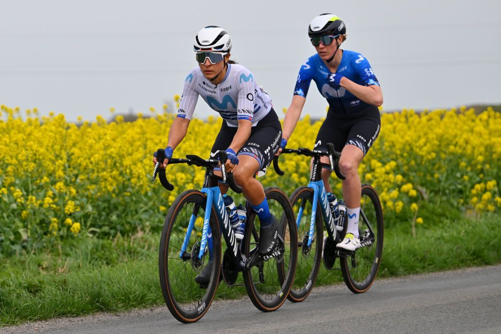 ROUBAIX FRANCE APRIL 06 LR Arlenis Sierra of Cuba and Aude Biannic of France and Movistar Team compete during the 4th ParisRoubaix Femmes 2024 a 1485km one day race from Denain to Roubaix on UCIWWT April 06 2024 in Roubaix France Photo by Luc ClaessenGetty Images