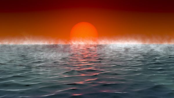 Artist&#039;s illustration of the view from the seas of a potentially habitable &quot;Hycean&quot; exoplanet.