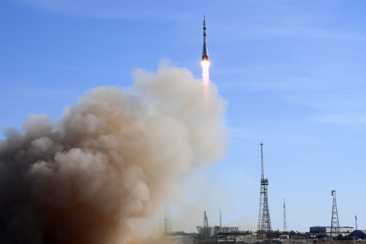 A Russian Soyuz MS-17 spacecraft launches atop a Soyuz rocket from Baikonur Cosmodrome, Kazakhstan on Oct. 14, 2020 to ferry NASA astronaut Kate Rubins and Russian cosmonauts Sergey Ryzhikov and Sergey Kud-Sverchkov to the International Space Station.