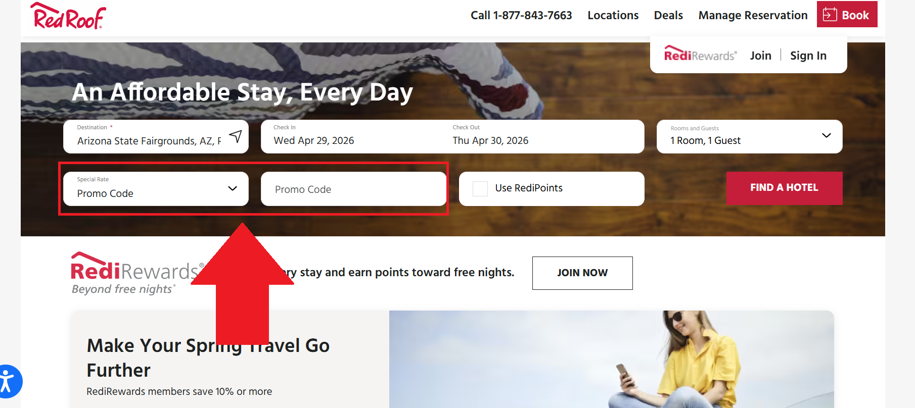 A screenshot of the red roof website showing where to enter a red roof coupon code