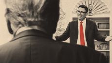 Illustration looking over the shoulder of Donald Trump at Andy Burnham in the Oval Office