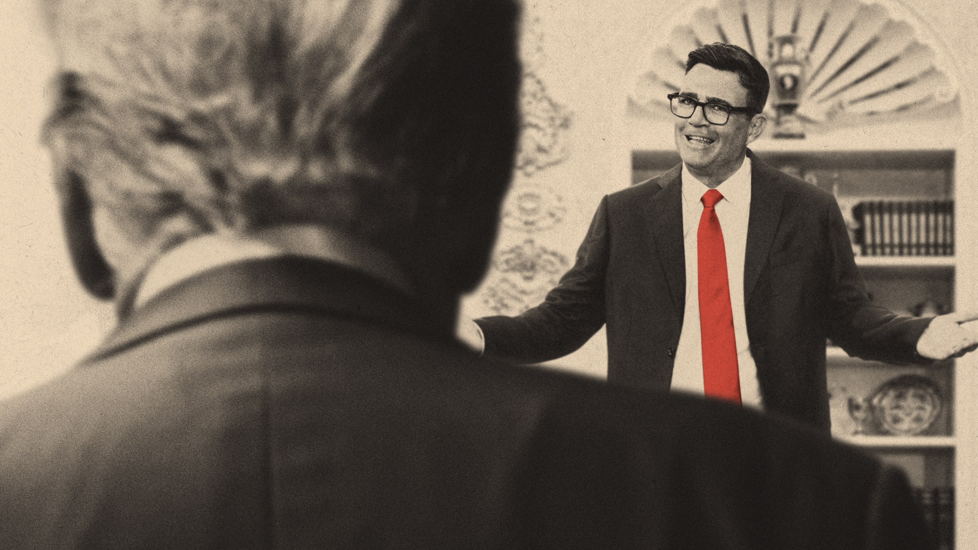 Illustration looking over the shoulder of Donald Trump at Andy Burnham in the Oval Office