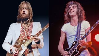 LEFT: Eric Clapton's Rainbow Concert at the Rainbow Theatre, London, 13th January 1973. He is playing a Gibson Les Paul Standard named 'Lucy', his old guitar which now belongs to George Harrison. RIGHT: Peter Frampton performs in the mid 1970s