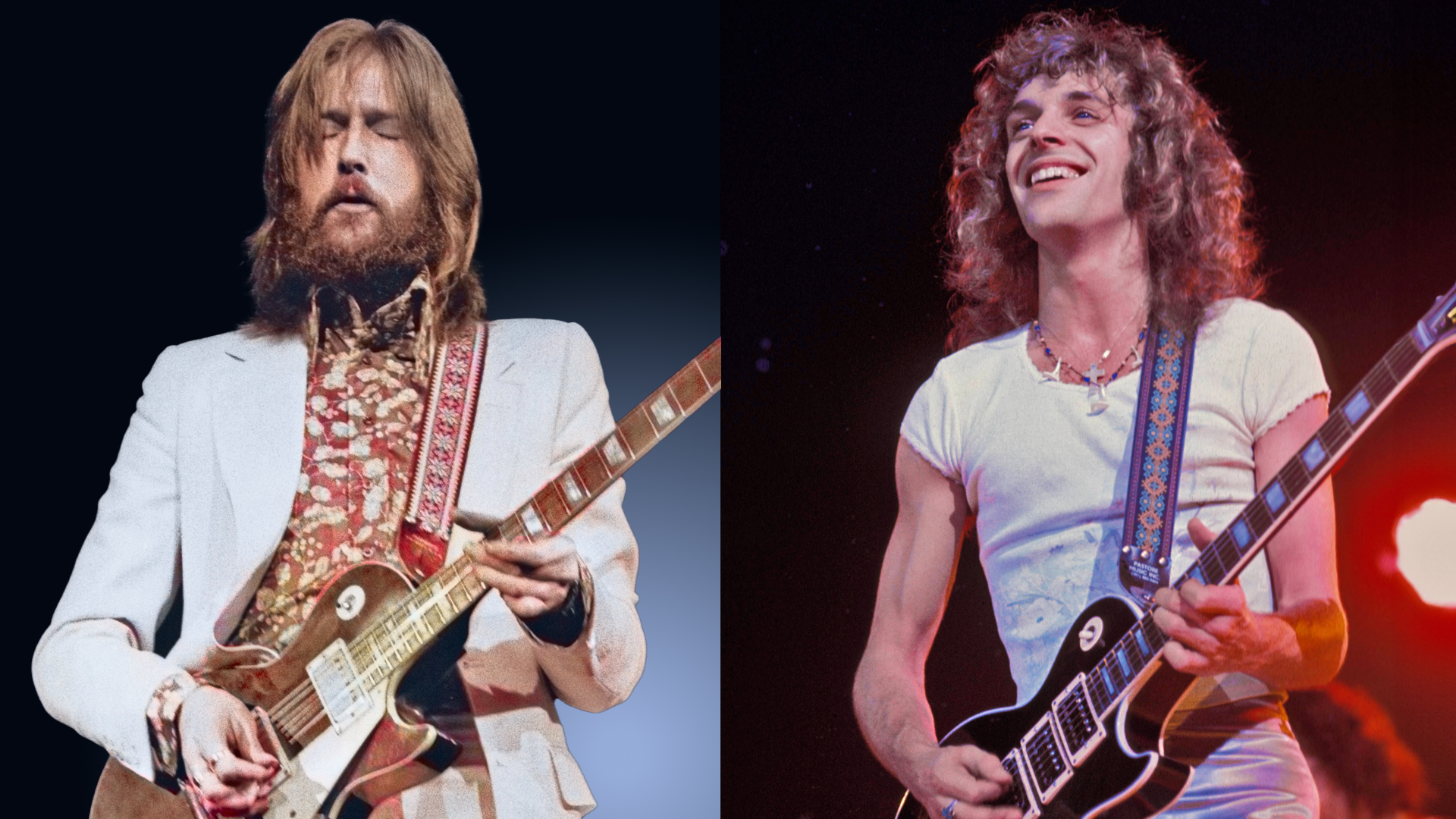 LEFT: Eric Clapton&#039;s Rainbow Concert at the Rainbow Theatre, London, 13th January 1973. He is playing a Gibson Les Paul Standard named &#039;Lucy&#039;, his old guitar which now belongs to George Harrison. RIGHT: Peter Frampton performs in the mid 1970s 