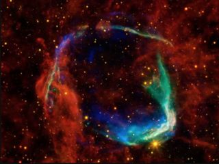 This image combines data from four different space telescopes to create a multiwavelength view of all that remains of the oldest documented example of a supernova, called RCW 86.