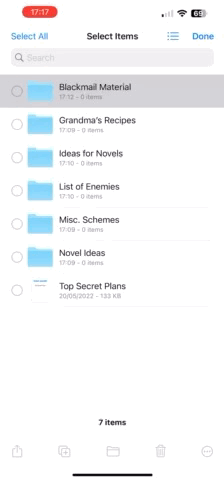 A gif showing how to select multiple list items while skipping specific entries in iOS
