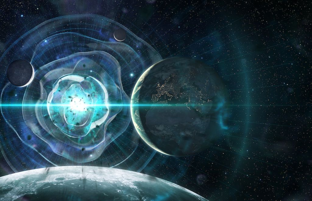 An artist&#039;s impression of the space roar spreading out through space towards Earth.