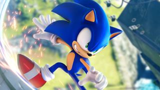 Sonic Frontiers: Sonic sliding on rails.