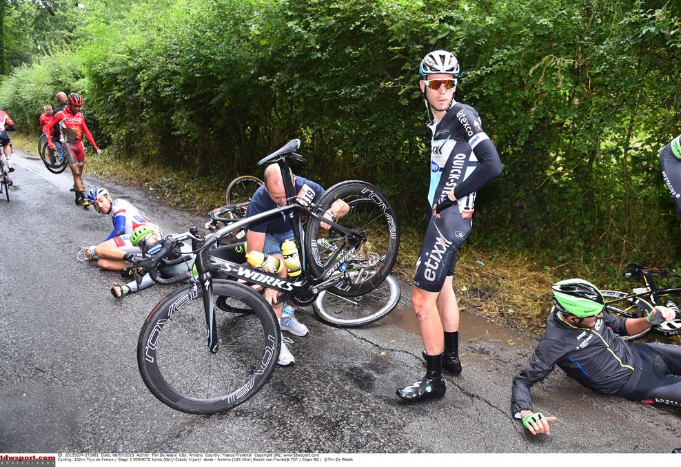 Julien Vermote (Etixx Quickstep) is held up in a crash