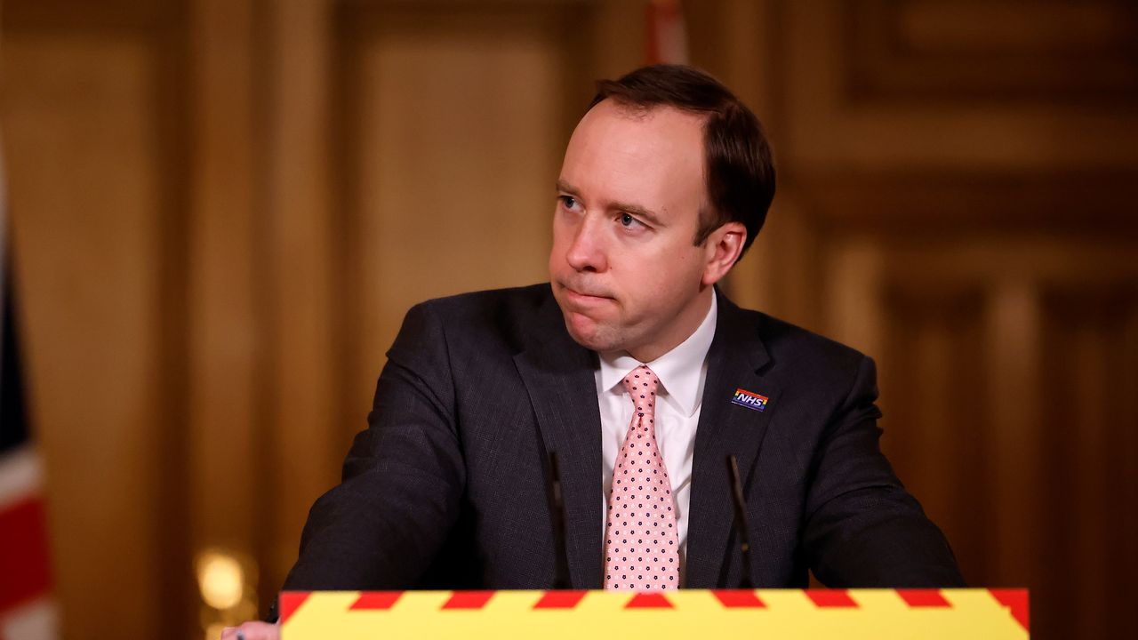 Matt Hancock speaks during a virtual press conference at 10 Downing Street