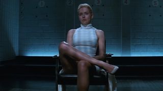 Sharon Stone wears her iconic white dress in a police interrogation in Basic Instinct
