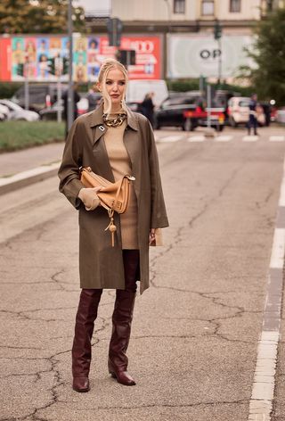 Milan Fashion Week spring 2025 street style photo of a woman wearing the over the knee boot trend