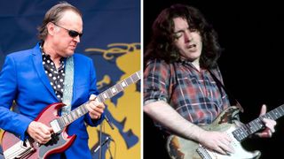 Left-Joe Bonamassa performs on Day 8 of 2024 New Orleans Jazz &amp; Heritage Festival at Fair Grounds Race Course on May 05, 2024 in New Orleans, Louisiana; Right-Rory Gallagher playing a Strat guitar in a checkered shirt