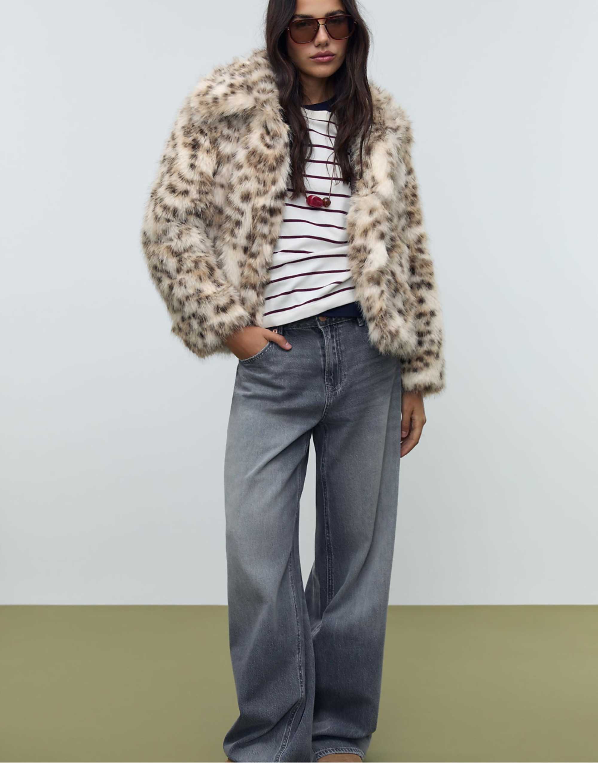 Stradivarius Leopard Print Faux Fur Jacket in Ecru