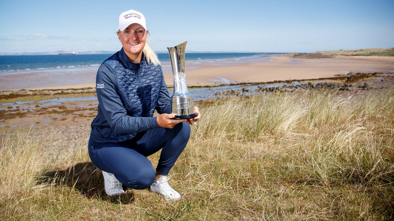 Anna Nordqvist poses with the AIG Women&#039;s Open trophy in Gullane, Scotland on 1 August 2022