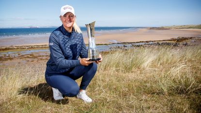 Anna Nordqvist poses with the AIG Women's Open trophy in Gullane, Scotland on 1 August 2022