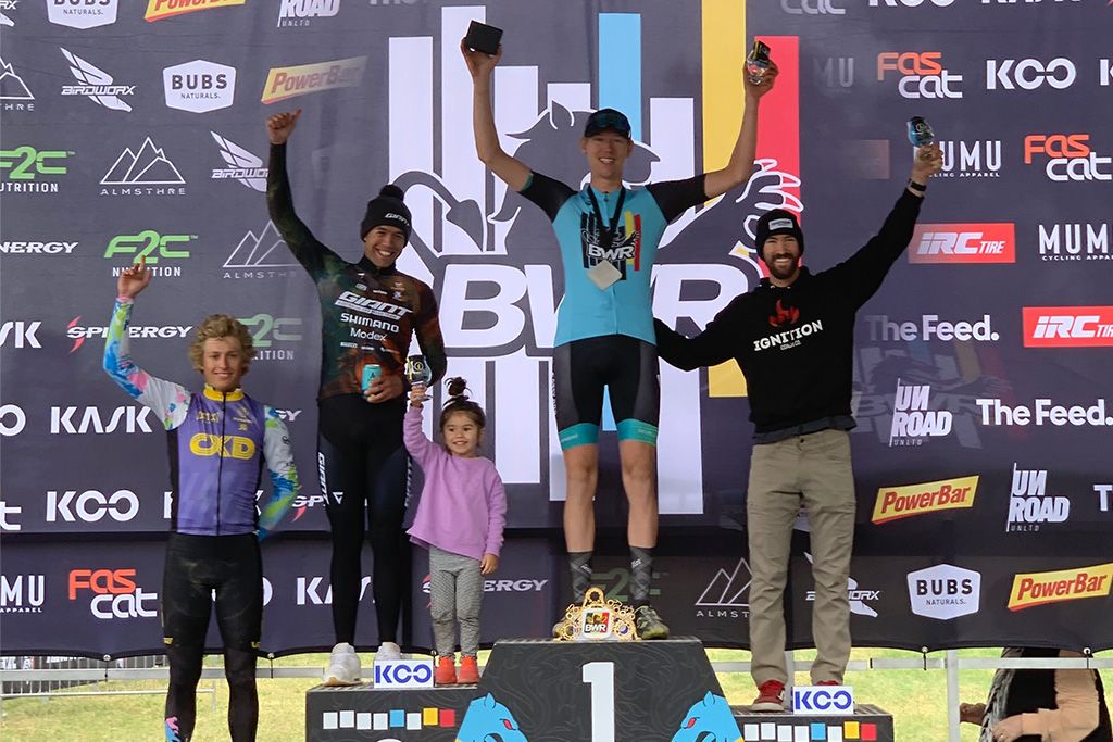 Belgian Waffle Ride Kansas men's podium, with Torbjorn Roed, Brendan Johnston and Andrew Dillman taking top three spots
