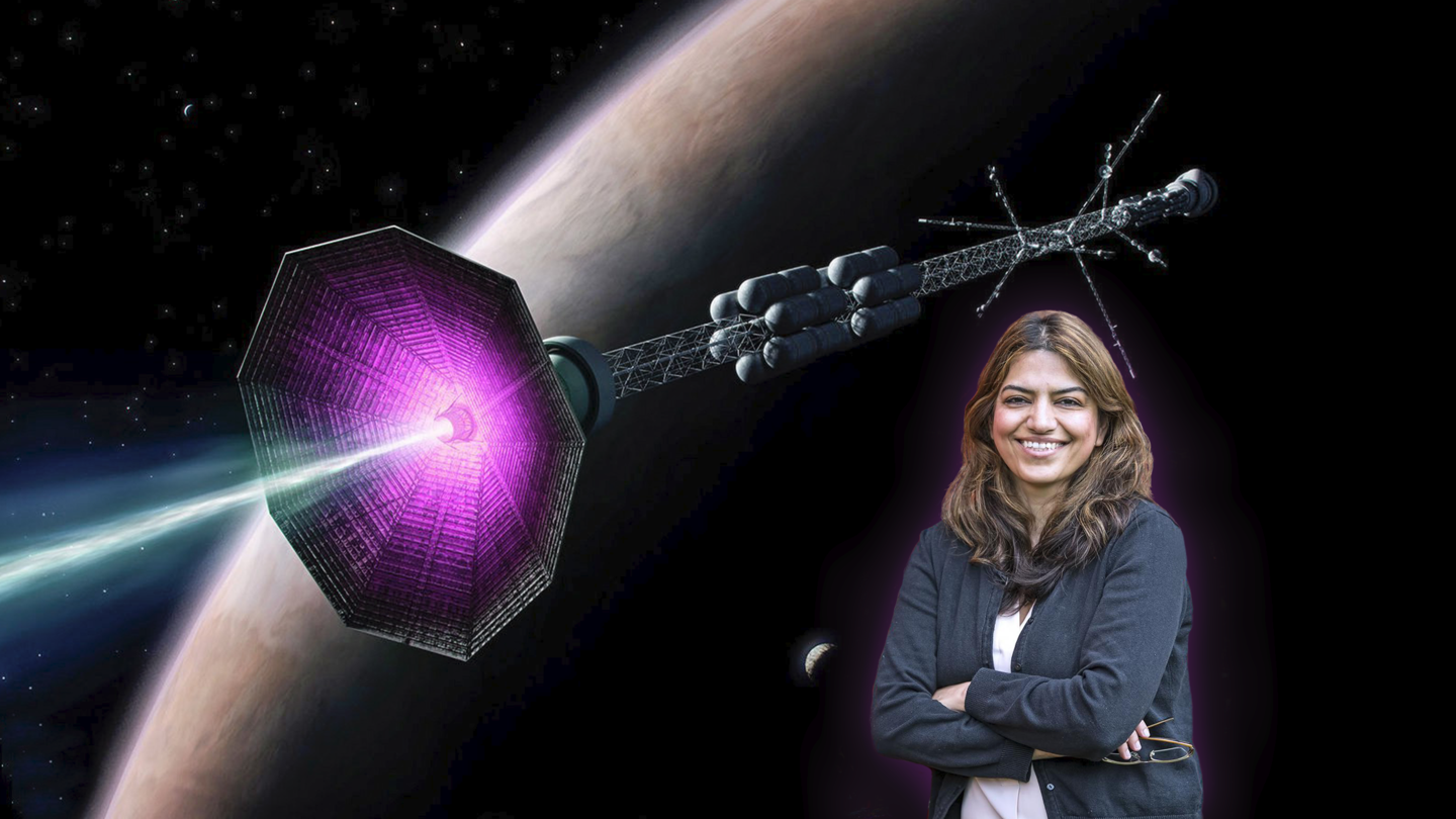 Physicist Fatima Ebrahimi in front of an artistic rendering of a fusion rocket.