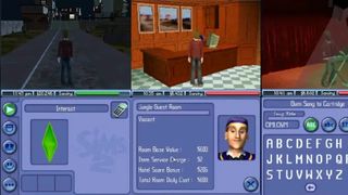 Sims 2 handheld on Nintendo DS showing side by side gameplay screenshots, from standing on the road in Strangetown to talking to the receptionist at the hotel and playing keyboard in a lounge