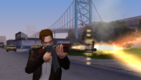 A man fires an AK47-style weapon in the total conversion mod GTA: Carcer City
