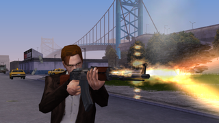 A man fires an AK47-style weapon in the total conversion mod GTA: Carcer City