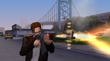 A man fires an AK47-style weapon in the total conversion mod GTA: Carcer City