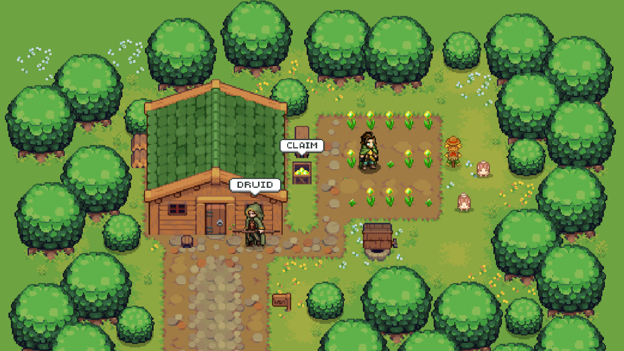Pixel art characters stand in a vegetable garden in a forest in NFT game, DeFi Kingdoms
