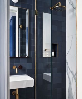 A small walk-in shower with dark blue tiles and copper accents.